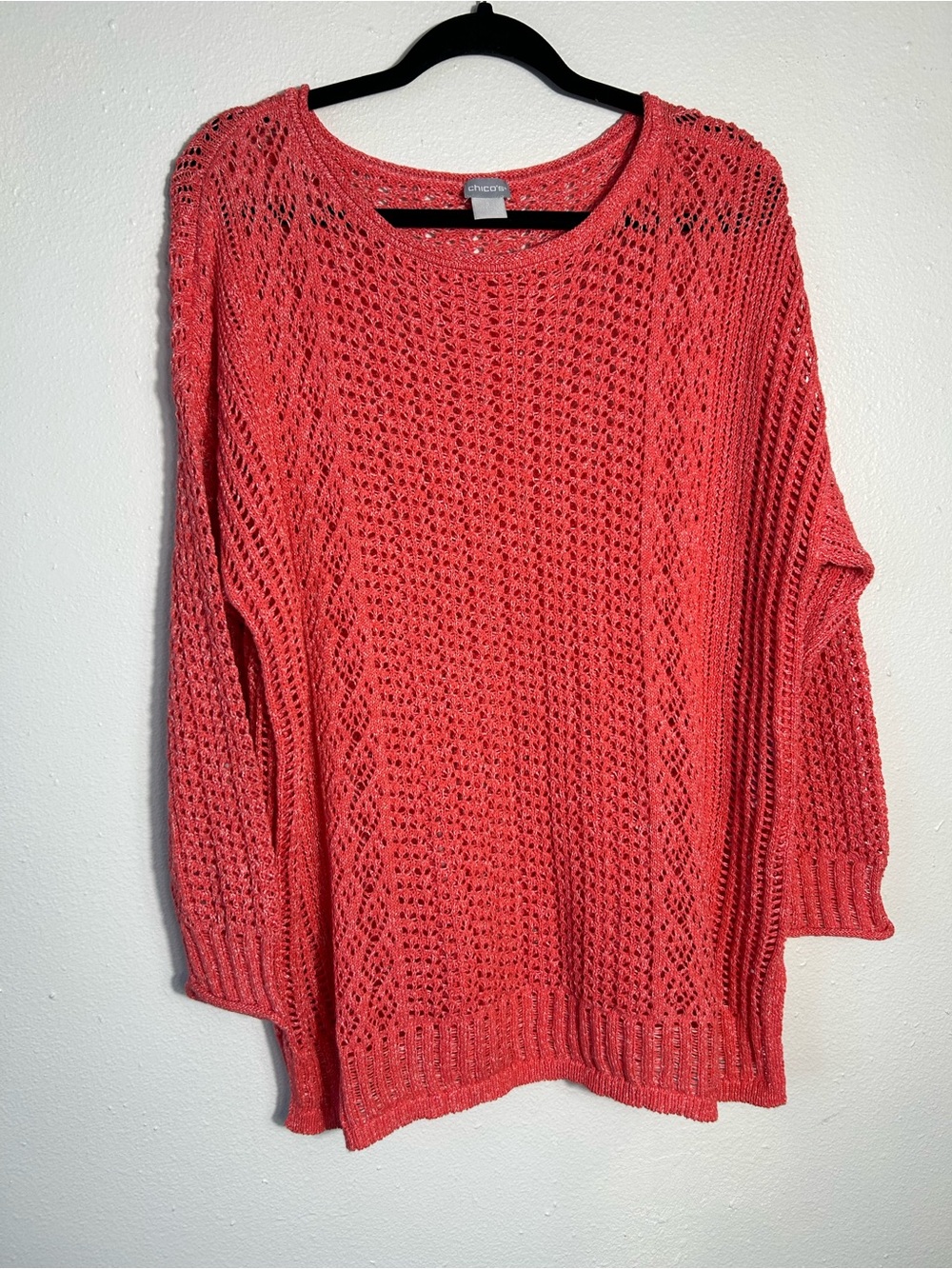 Chicos Open Knit Sweater Size 3 XL Coral Orange Cotton Blend Pullover Slouchy